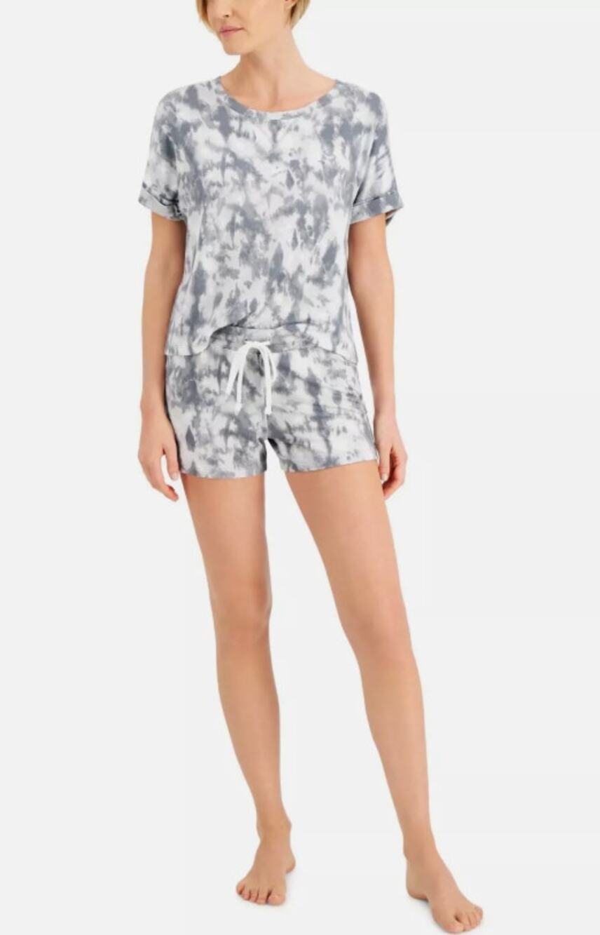 ALFANI WOMENS ULTRA SOFT CASUAL LOUNGE SHORTS SET GREY TIE DYE SIZE SMALL